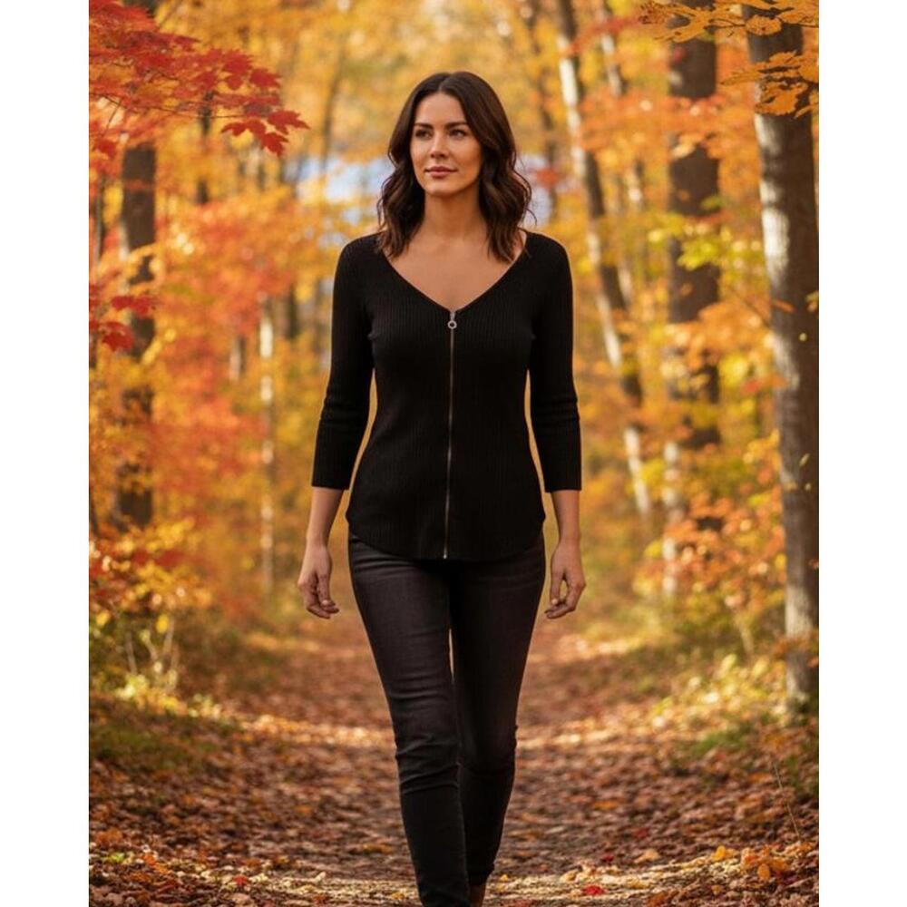 Guess Women’s Black Ribbed Zip-Up Long Sleeve Top Size S
